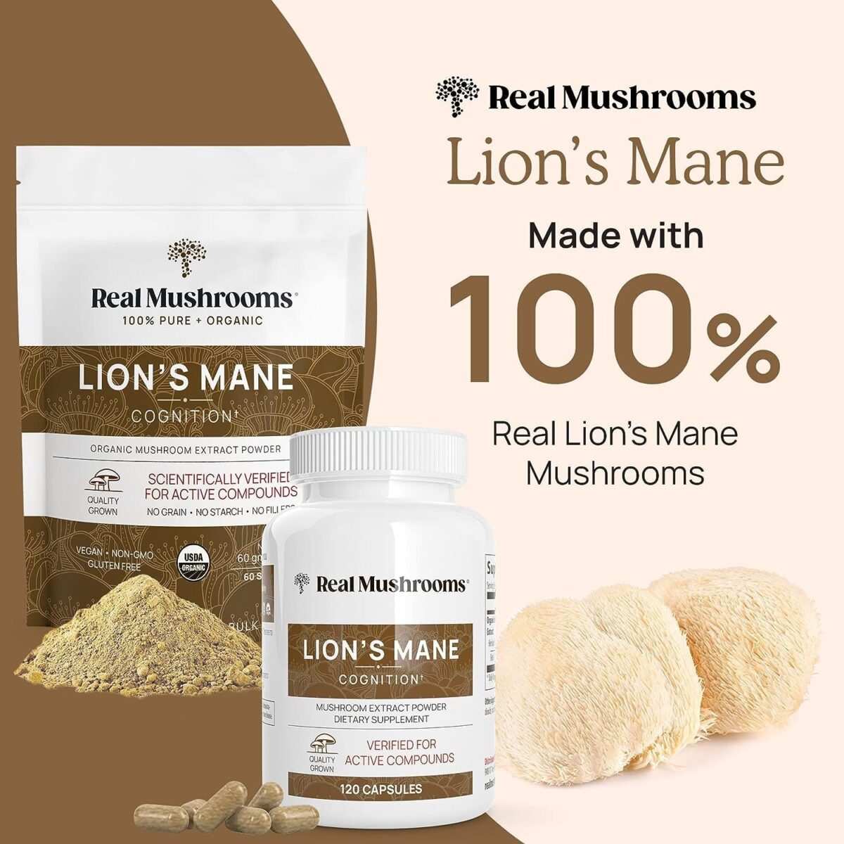 Lions Mane Mushroom Cognition Capsules (120 Capsules) Lions Mane Mushroom Powder Extract Capsules | Brain Supplement, Brain Vitamins, Focus Supplement