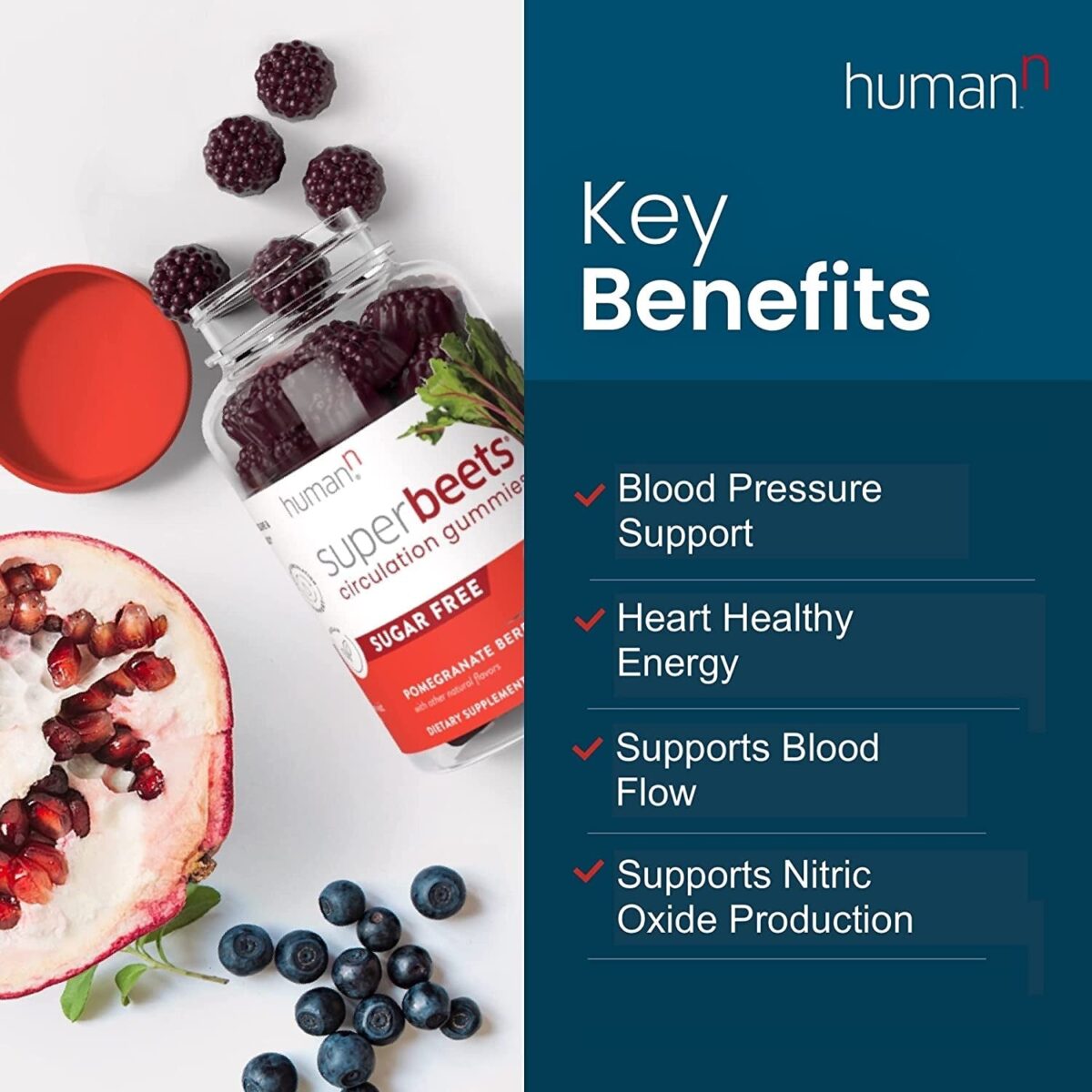 Humann Superbeets Sugar-Free Nitric Oxide Circulation Gummies - Blood Pressure Support - Grape Seed Extract & Non-Gmo Beet Root - Pomegranate Berry Flavor, 60 Count