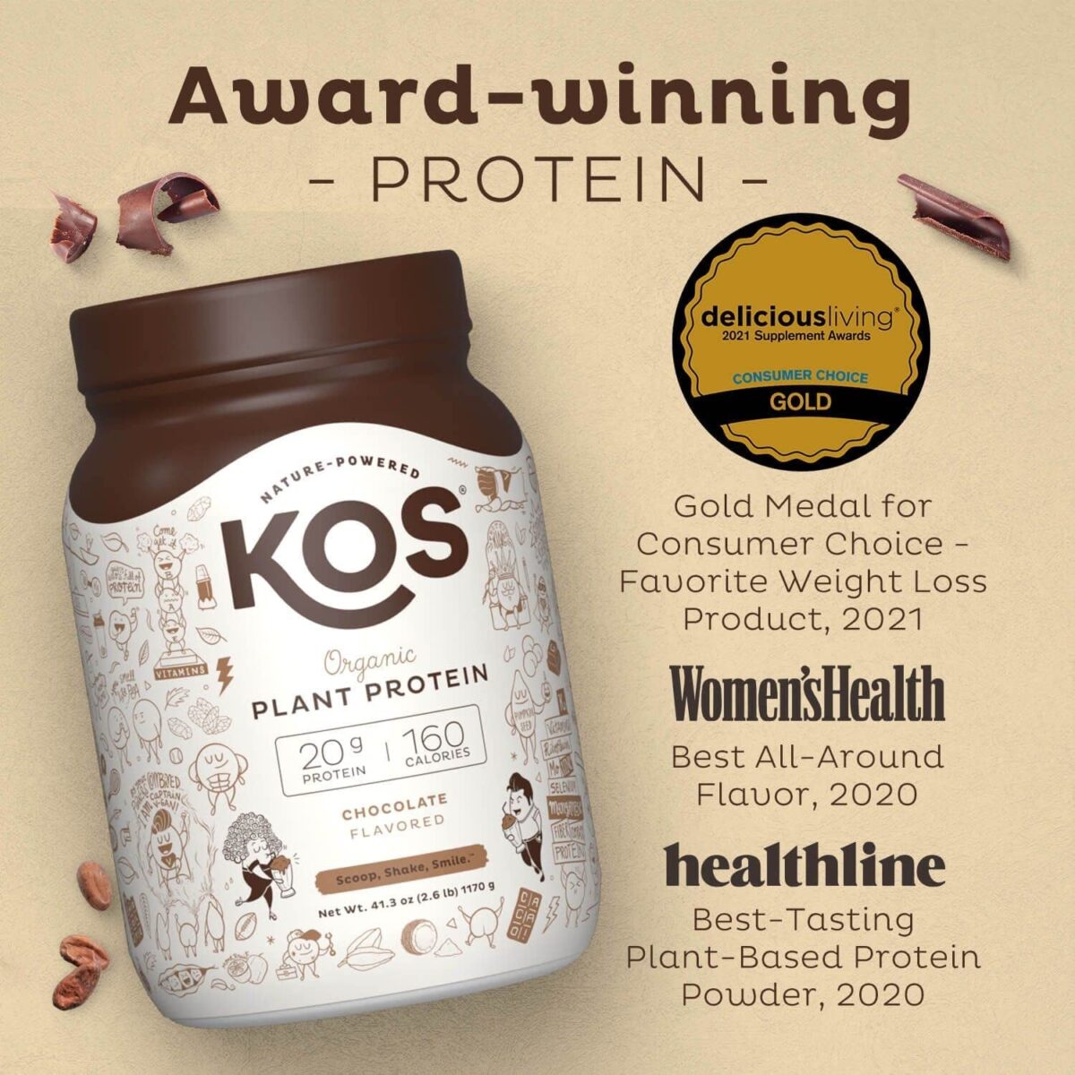 KOS Vegan Protein Powder, Chocolate - Low Carb Pea Protein Blend - Plant Based Protein Powder - USDA Organic, Keto, Gluten, Soy & Dairy Free - Meal Replacement for Women & Men - 30 Servings