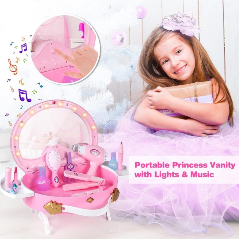 "Enchanting Little Princess Vanity Set - Magical Lights, Music, and Real Mirror! Perfect Gift for Girls 3-7 Years Old - Ideal for Birthdays, Christmas, and Festivals!"