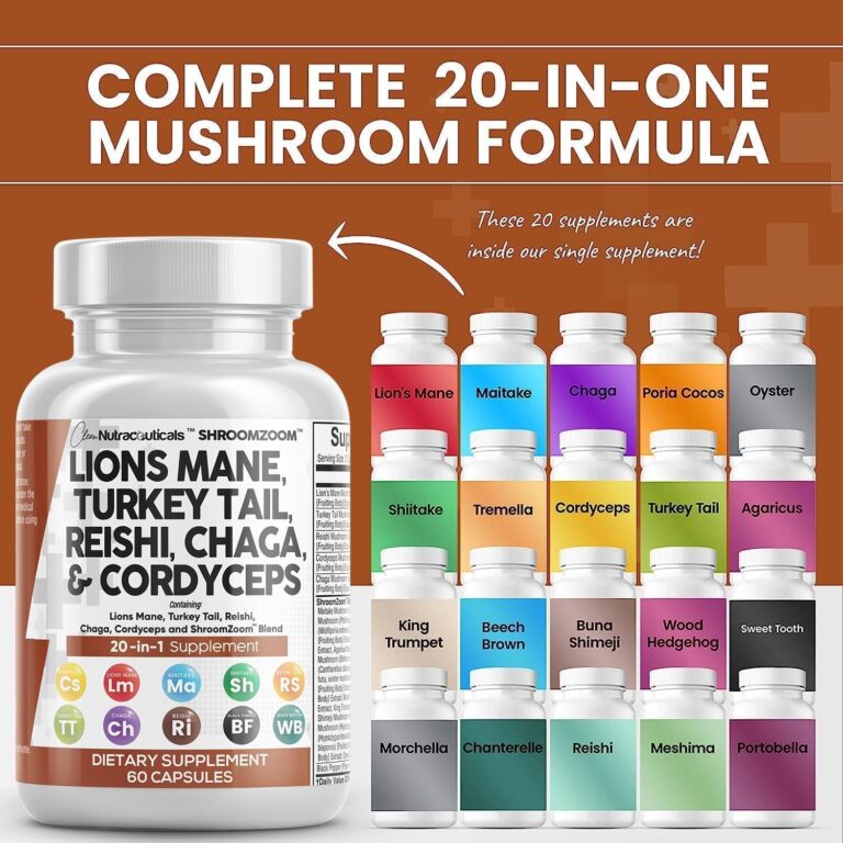 Lions Mane 3000Mg 20In1 Mushroom Supplement with Turkey Tail 2000Mg Reishi 1000Mg Cordyceps Chaga 1000Mg Maitake Meshima Poria Cocos Shiitake Oyster Porcini Enoki 60 Count