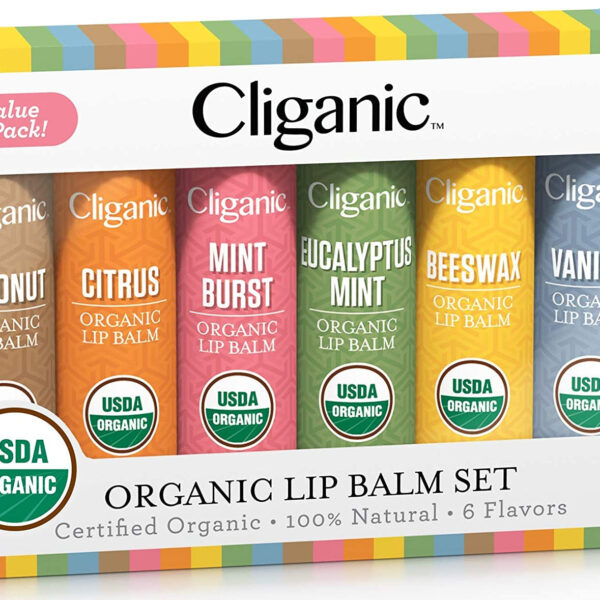 Cliganic USDA Organic Lip Balm Set - 6 Flavors - 100% Natural Moisturizer for Cracked & Dry Lips