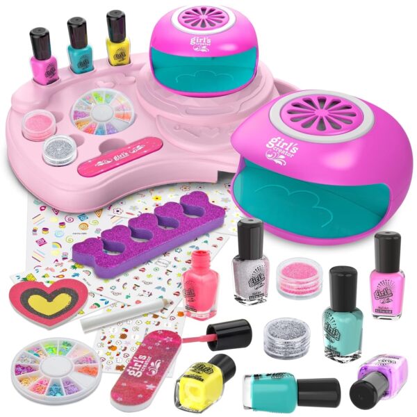 "Sparkle and Shine: Complete Nail Art Salon Set for Girls 6-12 - Includes Nail Dryer, Glitter Polish, Storage Desk, and More! Perfect Birthday Spa Party Gift"