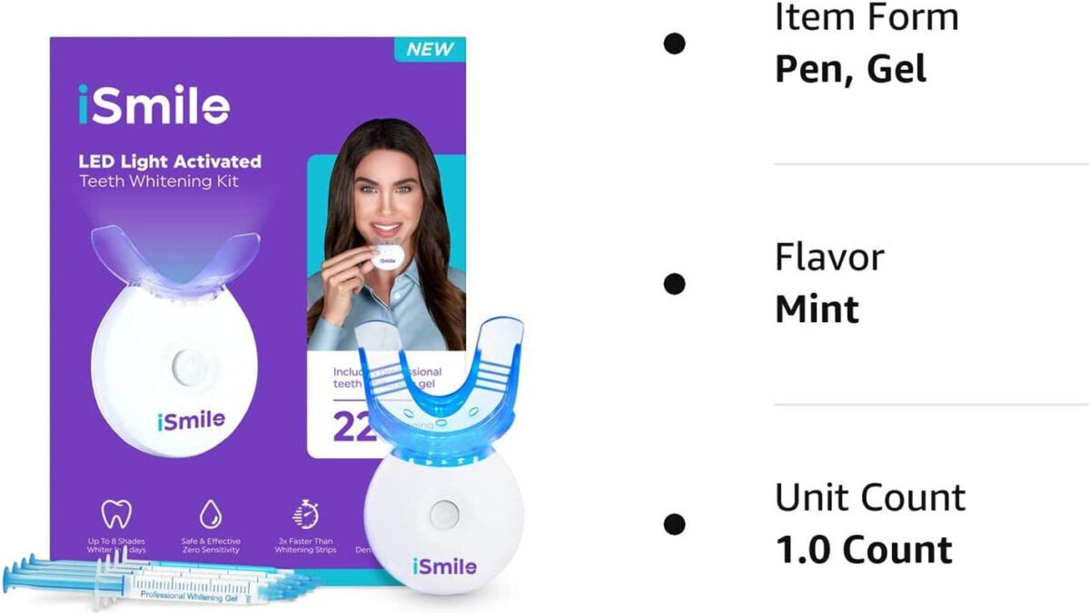 Ismile Teeth Whitening Kit - LED Light, 35% Carbamide Peroxide, (3) 3Ml Gel Syringes, (1) Remineralization Gel, and Tray.