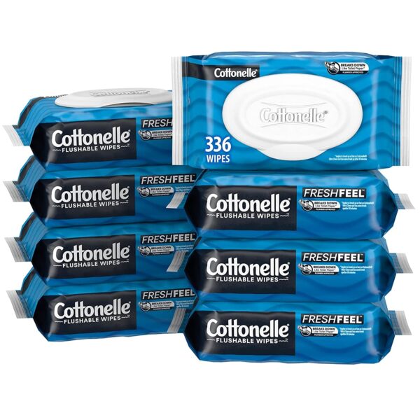 Cottonelle Freshfeel Flushable Wet Wipes, Adult Wet Wipes, 8 Flip-Top Packs, 42 Wipes per Pack (8 Packs of 42) (336 Total Flushable Wipes), Packaging May Vary