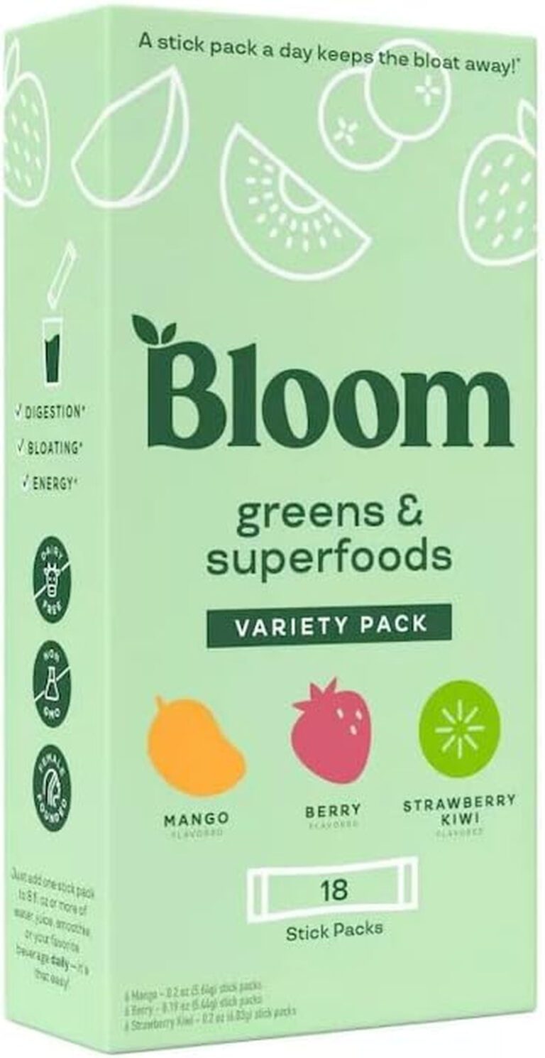 "Bloom Greens and Superfoods Powder - Boost Digestive Health, Beat Bloating - Variety Pack with 18 Packets - Probiotics, Digestive Enzymes, and Superfoods for Women's Gut Health"