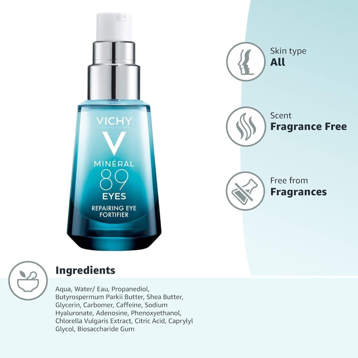 "Vichy Mineral 89 Eyes Serum: Hydrating Under Eye Cream Gel with Caffeine and Hyaluronic Acid for Smooth, Youthful Eyes - Ideal for Sensitive Skin | Fragrance Free | 0.5 Fl. Oz."