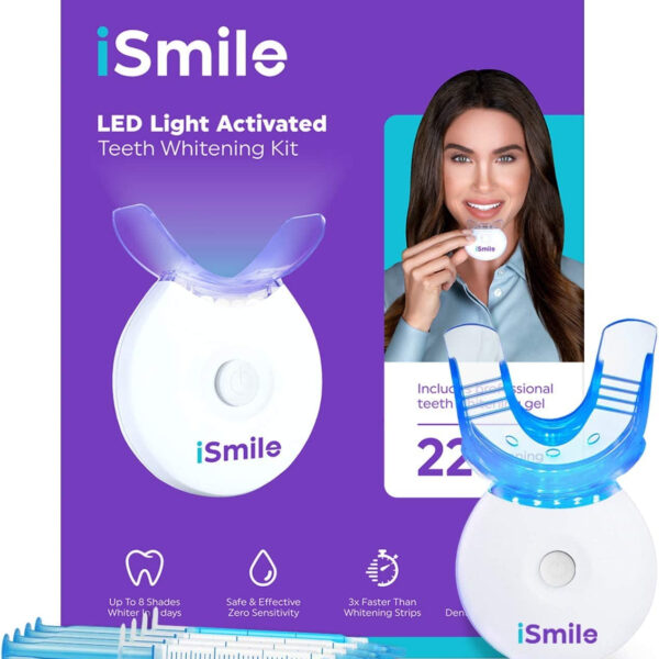 Ismile Teeth Whitening Kit - LED Light, 35% Carbamide Peroxide, (3) 3Ml Gel Syringes, (1) Remineralization Gel, and Tray.