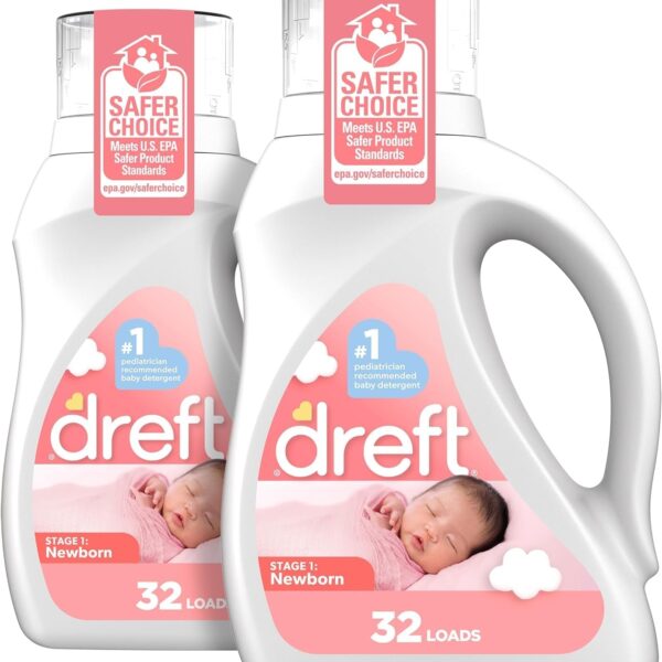 Dreft Newborn Baby Liquid Laundry Detergent, Gentle on Sensitive Skin, HE Compatible, 2 Pack, 32 Loads Each