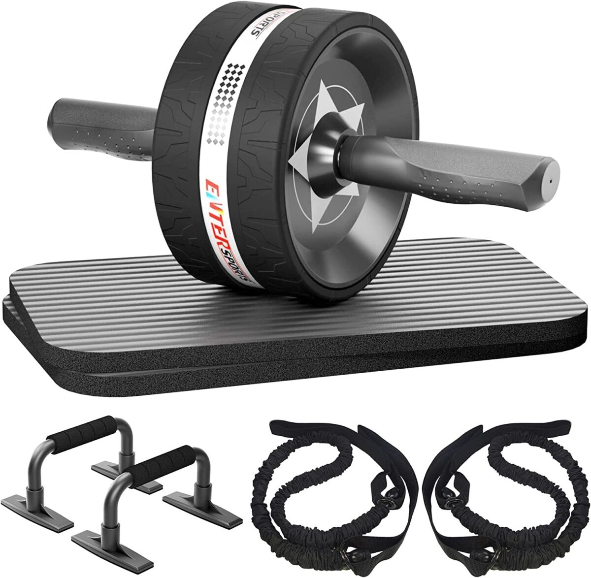 Entersports Ab Rollers Wheel Kit, Exercise Wheel Core Strength Training Abdominal Roller Set with Push up Bars, Resistance Bands, Knee Mat Home Gym Fitness Equipment for Abs Workout