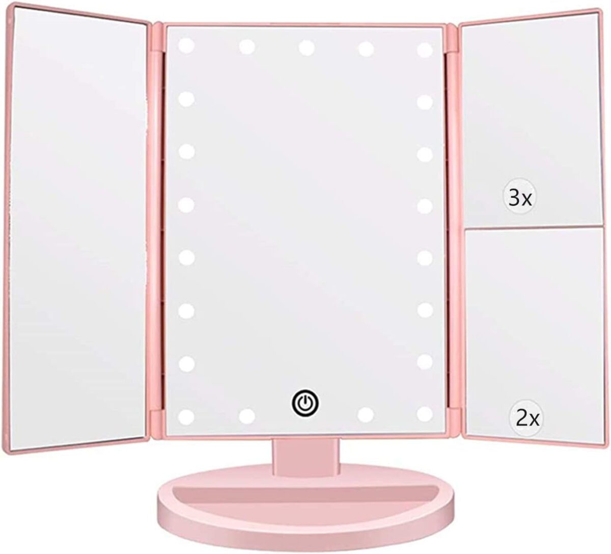 "Illuminate Your Beauty with the Flymiro Rose Gold Tri-Fold Vanity Makeup Mirror - 3X/2X Magnification, 21 LED Lights, Touch Screen, 180 Degree Rotation - Perfect for Countertop and Travel"