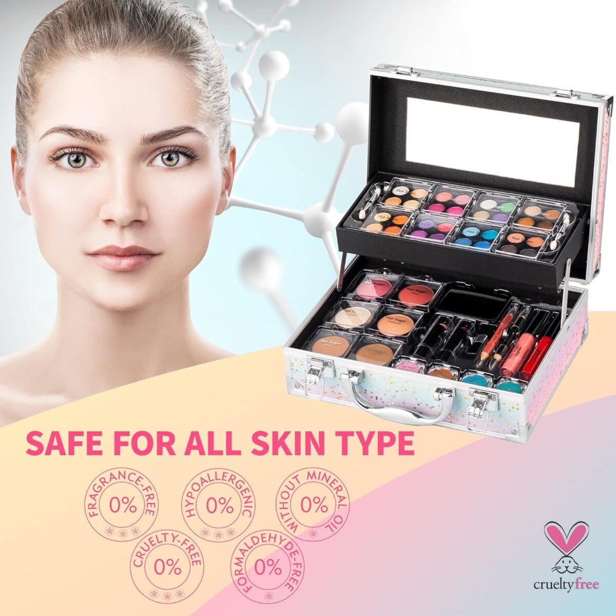 "Hot Sugar Makeup Kit: The Ultimate Cosmetic Gift Set for Women and Teen Girls - Complete with a Stunning Rainbow Train Case, Vibrant Eyeshadow Palette, Blush, Lipstick, and More!"