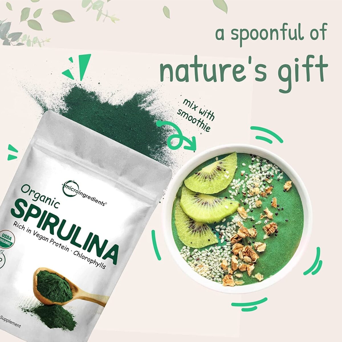 Micro Ingredients Organic Spirulina Powder, 16 Ounce, Raw Spirulina (Arthrospira Platensis), the Richest Sources of 70% Vegan Protein, Containers Minerals, Vitamins, Non-Gmo & Non-Irradiation