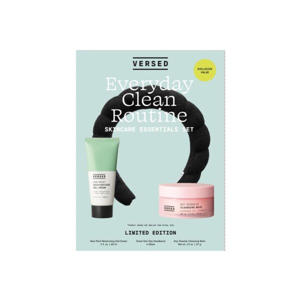 "Versed Everyday Clean Routine Travel Essentials Set - Dew Point Gel Cream, Black Headband, Cleansing Balm - Non-Toxic Vegan Skincare"