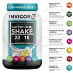 "Boost Your Health with INVIGOR8 Superfood Protein Shake - Gluten-Free Meal Replacement Shake with Immunity Boosters, Probiotics, and Omega 3 (645 Grams) - Indulge in the Delicious French Vanilla Flavor!"