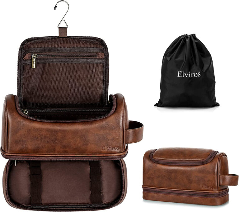 "Travel in Style with Elviros Toiletry Bag - Premium Leather Organizer Kit with Hanging Hook for Men and Women - Spacious and Water-Resistant - Perfect for Bathroom Shaving Essentials (Dark Brown)"