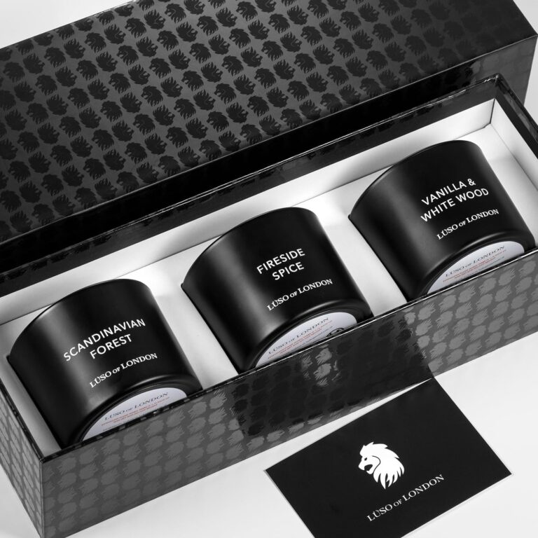 "Lüso of London - Bold and Masculine Scented Candles for Men, 3 Luxurious Candles in a Stylish Black Gift Box. The Ultimate Candle Set for the Modern Gentleman. Perfect Gifts for Men."