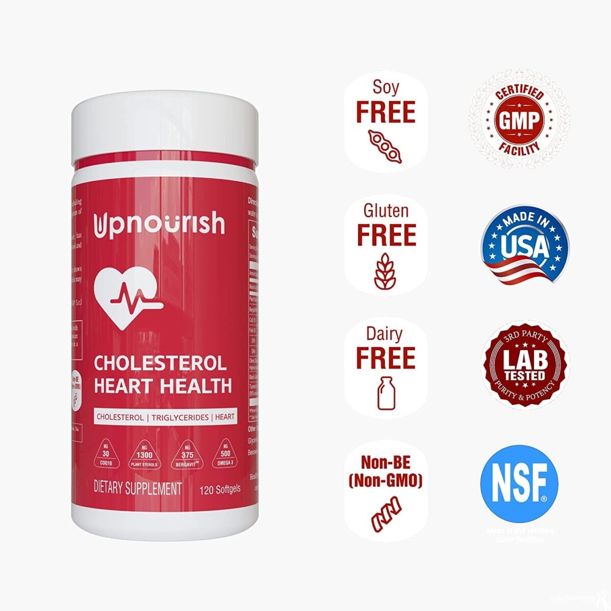 "Boost Your Heart Health with Upnourish Cholesterol Supplement - Packed with Powerful Ingredients like Citrus Bergamot, Plant Sterols, Coenzyme Q10, Omega 3, Turmeric, Black Garlic, and Olive Leaf Extract - Take Charge of Your Cholesterol Levels Today!"