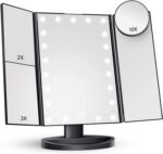 "Illuminate Your Beauty: Tri-Fold LED Makeup Mirror with Touch Control, 10X Magnification, and Dual Power Supply - Perfect Women's Gift in Elegant White"