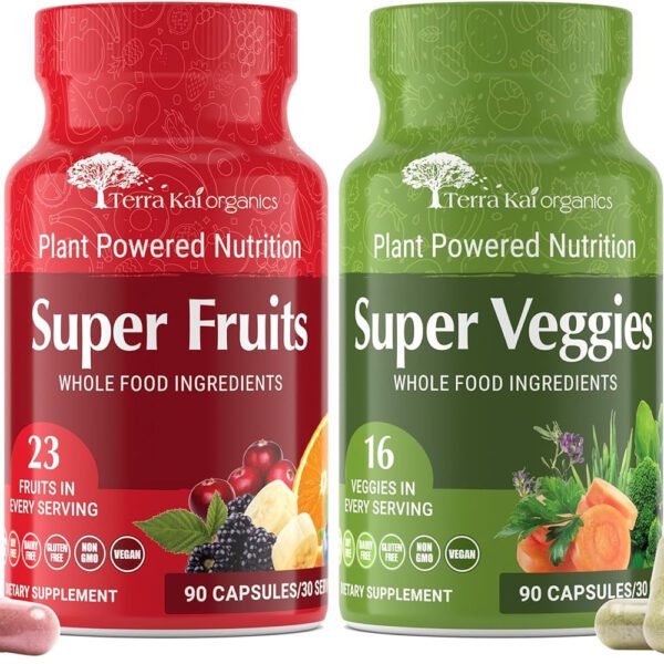 "Boost Your Health with USDA Organic Super Fruit & Veggies Supplement - All-Natural, Gluten/Gelatin Free, Non GMO, Soy Free & Vegan | Reds & Greens Superfood Capsules | Packed with 23 Fruits & 16 Vegetables (180 Count)"