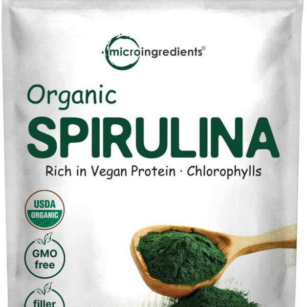 Micro Ingredients Organic Spirulina Powder, 16 Ounce, Raw Spirulina (Arthrospira Platensis), the Richest Sources of 70% Vegan Protein, Containers Minerals, Vitamins, Non-Gmo & Non-Irradiation