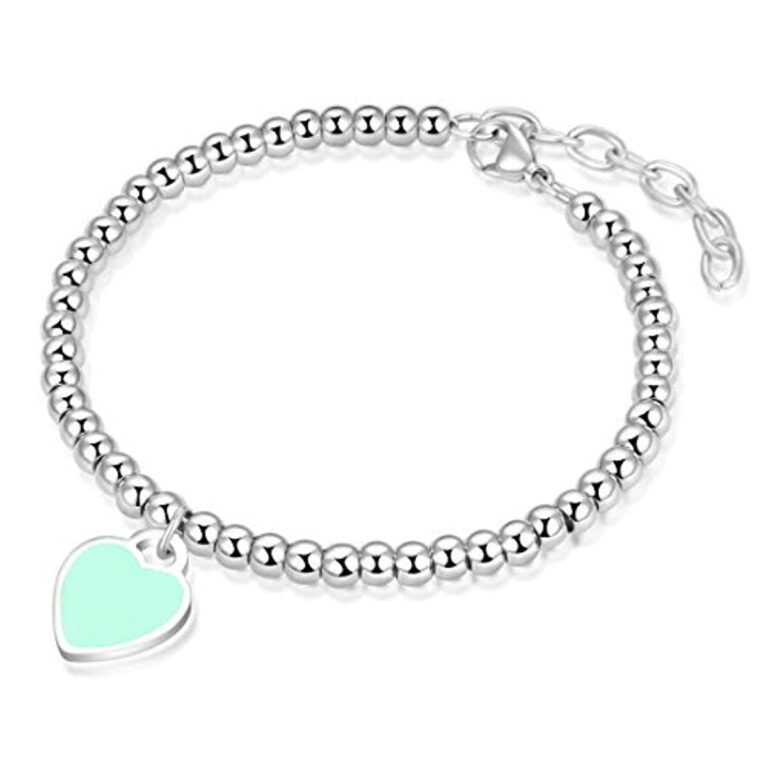 Jewanfix Charm Bracelet for Girls, Stainless Steel Love Heart Charm 4mm Beaded Delicate Bracelet Jewelry for Women Girls