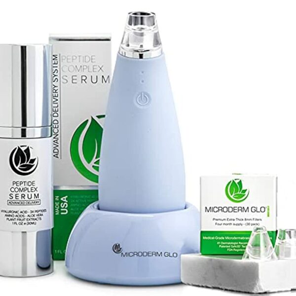 Microderm GLO MINI Premium Skincare Bundle - Includes Blackhead Remover Vacuum Tool, 8mm Filters 30 pack, Peptide Complex Serum. Best Anti Aging Treatment Black Head Remover and Pore Extractor Kit