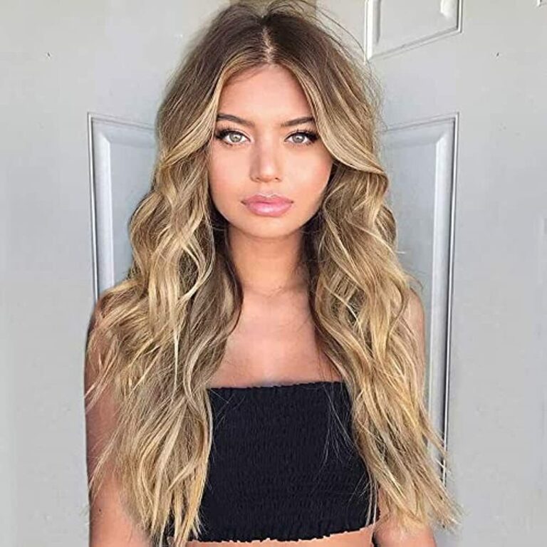 AISI QUEENS Long Wavy Wig Ombre Blonde Wigs for Women Synthetic Curly Hair Wigs Middle Part Heat Resistant Fibre for Daily Party Use