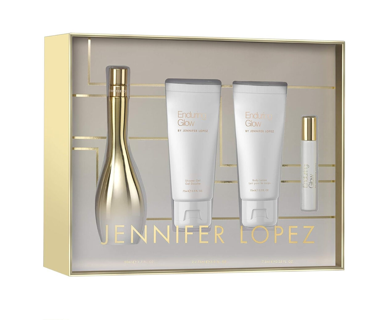 Jennifer Lopez Enduring Glow Gift Set | Eau De Parfum 50Ml (1.7Fl Oz), Shower Gel 75Ml (2.5Fl Oz), Body Lotion 75Ml (2.5Fl Oz), and EDP Rollerball 7.5Ml (0.25Fl Oz)