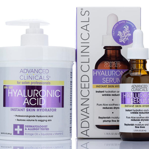 Advanced Clinicals Hyaluronic Acid Moisturizer Body Cream + Hyaluronic Acid Serum Skin Care Product 2Pc Bundle, Face Serum & Body Lotion Targets Wrinkles, Dark Spots, Fine Lines, & Dry Skin, 2Pc Set