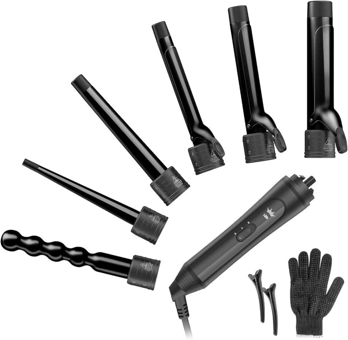 6-In-1 Curling Iron, Professional Instant Heat up Hair Curling Wand Set with 6 Interchangeable Ceramic Barrels (0.35'' to 1.25'') and 2 Temperature Adjustments, Heat Protective Glove & 2 Clips