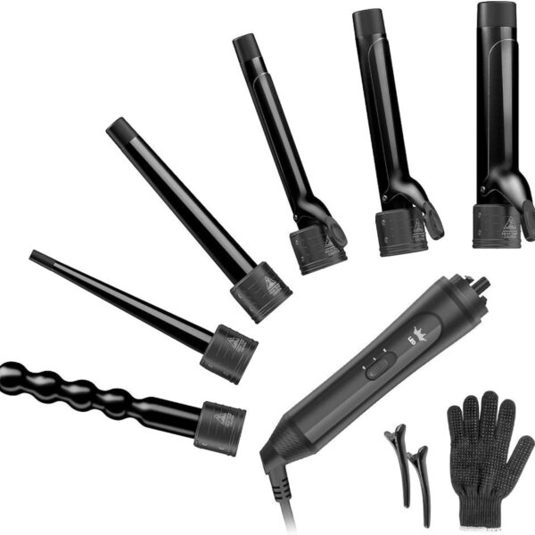 6-In-1 Curling Iron, Professional Instant Heat up Hair Curling Wand Set with 6 Interchangeable Ceramic Barrels (0.35'' to 1.25'') and 2 Temperature Adjustments, Heat Protective Glove & 2 Clips