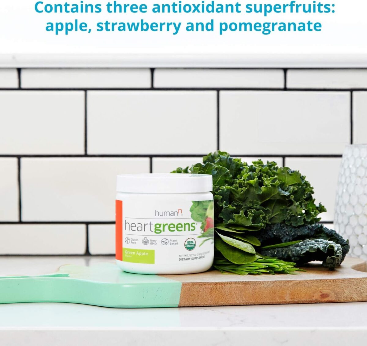 Humann Heartgreens | Superfood Organic Powder with Wheatgrass, Kale, Spinach, and Spirulina, USDA Organic Non-Gmo, from the Makers of Superbeets (Green Apple Flavor, 5.29-Ounce