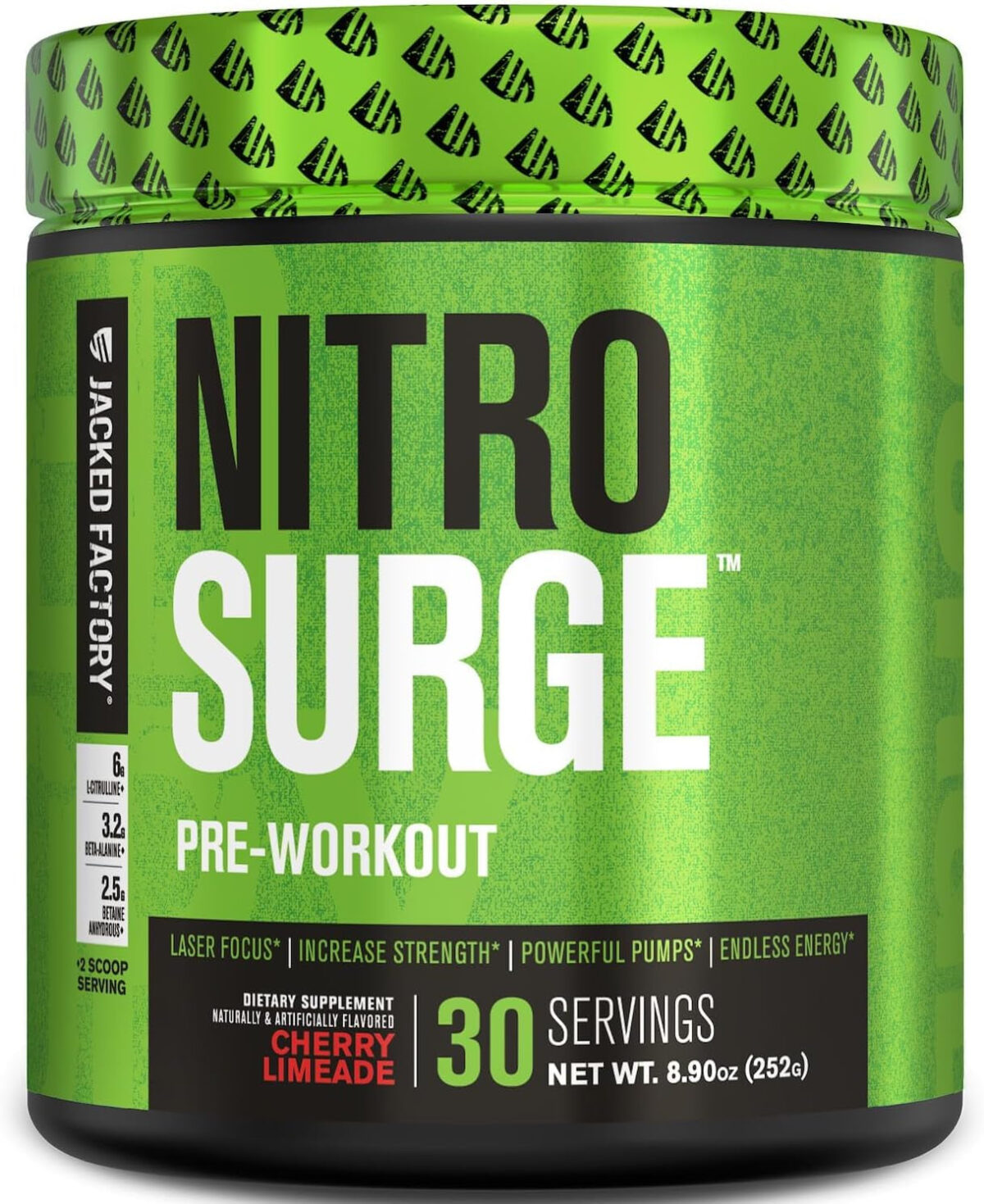 Jacked Factory NITROSURGE Pre Workout Supplement - Endless Energy, Instant Strength Gains, Clear Focus, Intense Pumps - NO Booster & Preworkout Powder with Beta Alanine - 30 Servings, Cherry Limeade