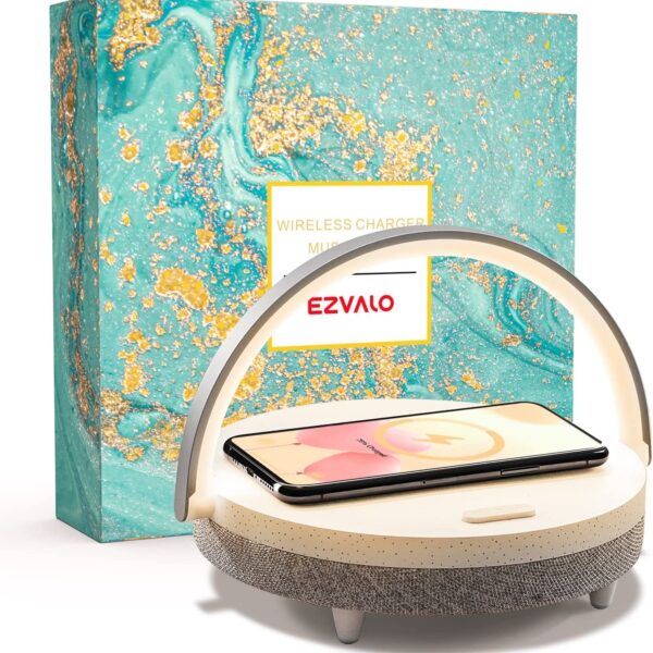 EZVALO Gift for Her, Music Table Lamp with Wireless Charger, 4 in 1 Touch Bedside Lamp, Portable Bluetooth Speaker, Phone Holder, Dimmable LED Night Light Birthday Gifts for Women, Men, Dad, Mom