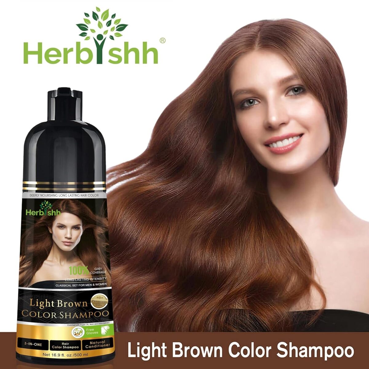 Herbishh 3-In-1 Magic Hair Dye Shampoo for Gray Hair - Light Brown, 500 Ml, Ammonia-Free, Long Lasting, Colors Hair in Minutes,Unisex