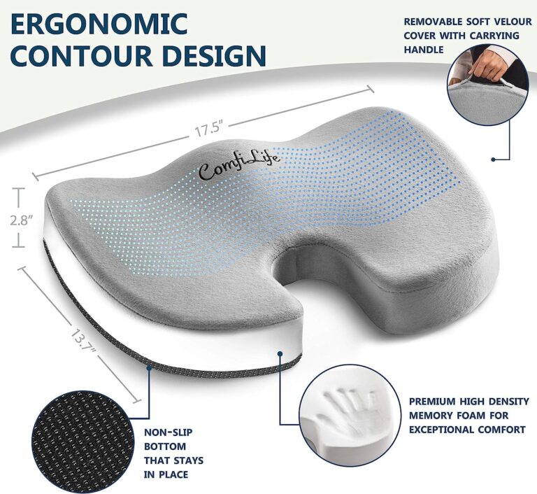 Comfilife Premium Comfort Seat Cushion - Non-Slip Orthopedic 100% Memory Foam Coccyx Cushion for Tailbone Pain - Cushion for Office Chair Car Seat - Back Pain & Sciatica Relief (Gray)