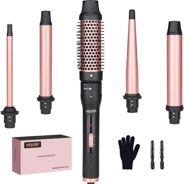 5 in 1 Curling Wand Set - SIQUER Curling Iron Set 1/2 to 1 1/4 Inch Beach Waves Wands 1 1/2 Inch Thermal Brush Fast Heating up Hair Curlers for Women with Protective Gloves Clamps (Rose, Black)