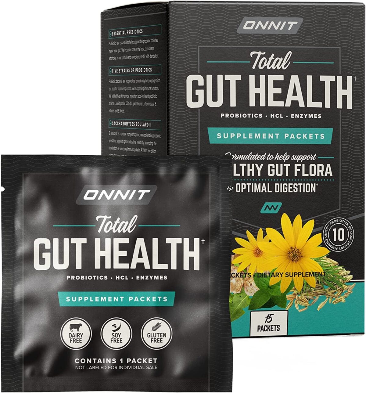 ONNIT Total Gut Health -Complete Probiotics & Digestive Enzyme Supplement for Women & Men - 5 Strains of Probiotics, Prebiotics, Enzymes, Betaine HCL - 15 Count Packets - 2 Pack (30 Pckt Total Count)