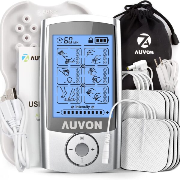 AUVON Rechargeable TENS Unit Muscle Stimulator, 24 Modes 4Th Gen TENS Machine with 8Pcs 2"X2" Premium Electrode Pads for Pain Relief