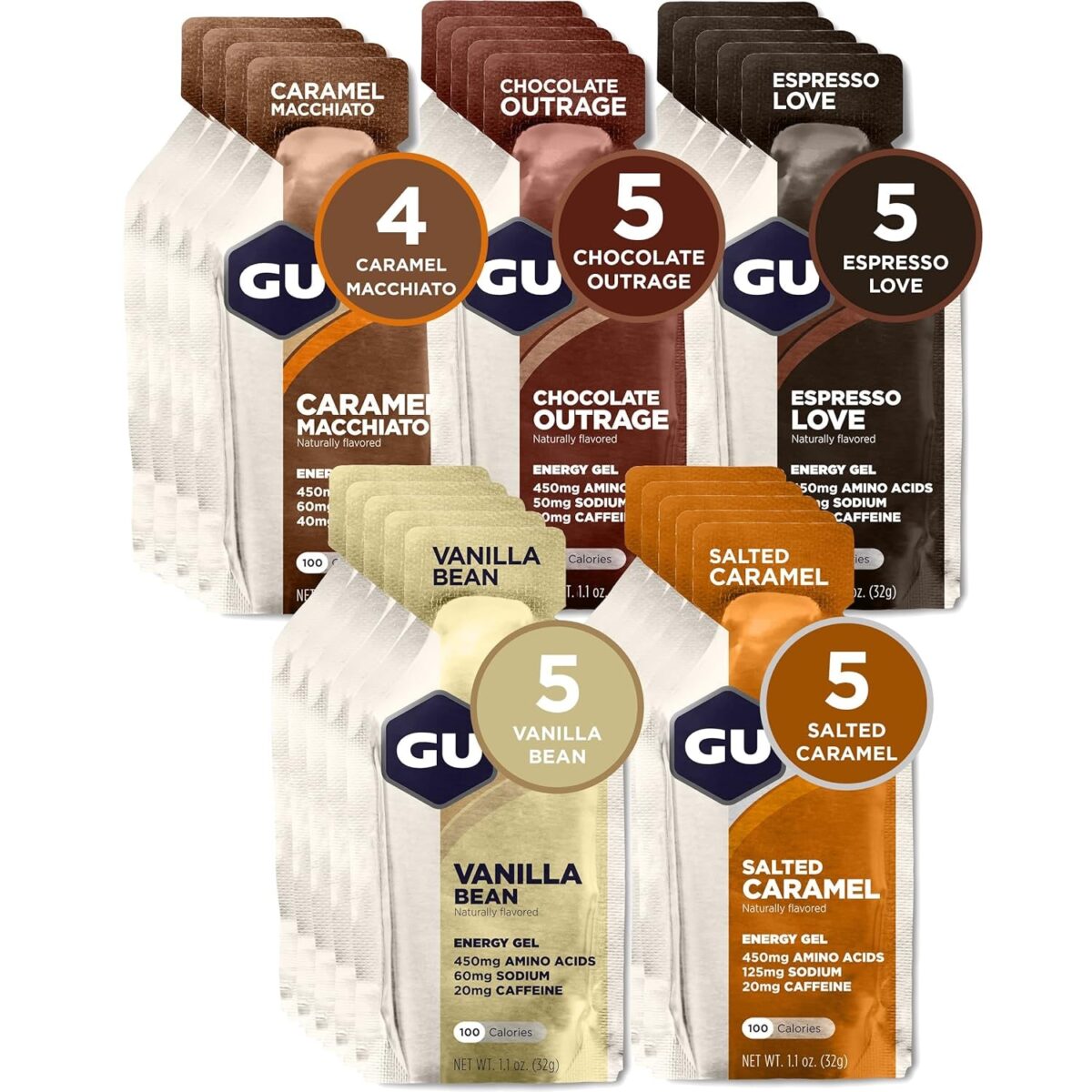 GU Energy Original Sports Nutrition Energy Gel, Vegan, Gluten-Free, Kosher, and Dairy-Free On-The-Go Energy for Any Workout, 24-Count, Assorted Indulgent Flavors