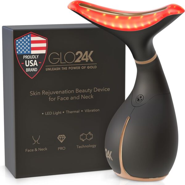 GLO24K Red Light Beauty Device for Face and Neck. Based on Triple Action L E D, Thermal, and Vibration Technologies.