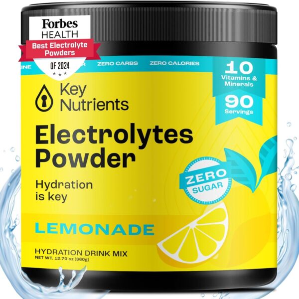 KEY NUTRIENTS Multivitamin Electrolytes Powder No Sugar - Refreshing Lemonade Electrolyte Powder - Endurance & Energy Supplement - Hydration Powder - No Calories - 90 Servings - Made in USA