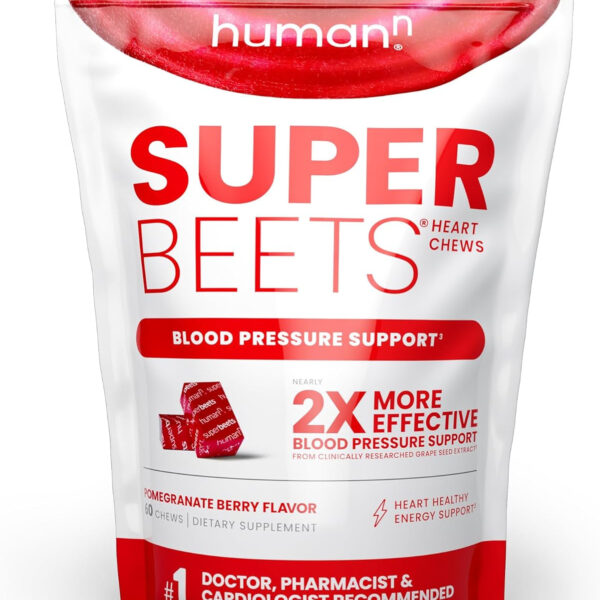 Humann Superbeets Heart Chews, Nitric Oxide and Blood Pressure Support, Grape Seed Extract & Non-Gmo Beet Root Powder Energy Chews, Super Beets Heart Chews, Pomegranate Berry Flavor, 60 Count