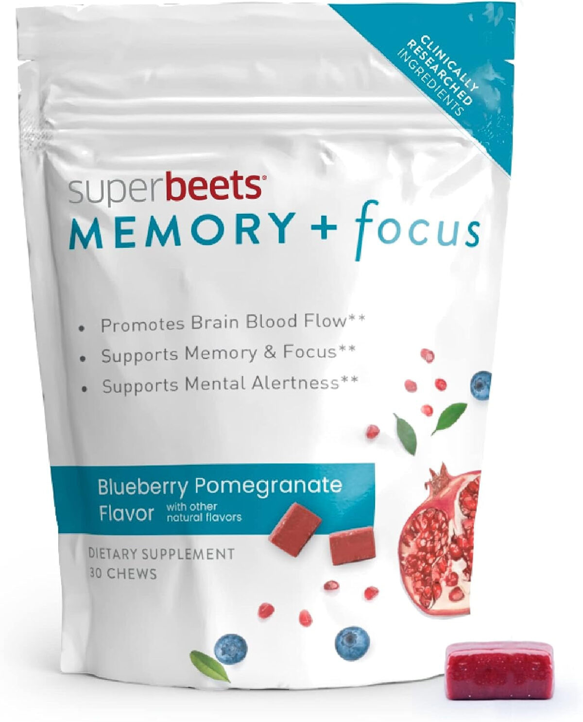 Humann Superbeets Memory & Focus Brain Supplement Chews – Mental Alertness – Clinically Studied Nootropics, Resveratrol plus Beet Root Powder, Blueberry Pomegranate Flavor, 30 Count