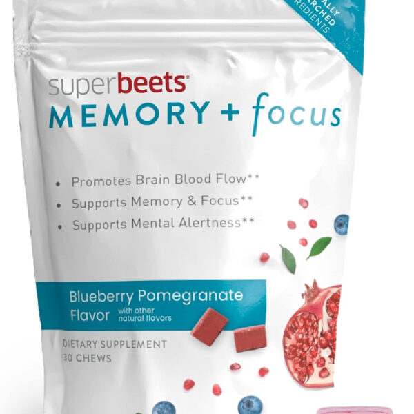 Humann Superbeets Memory & Focus Brain Supplement Chews – Mental Alertness – Clinically Studied Nootropics, Resveratrol plus Beet Root Powder, Blueberry Pomegranate Flavor, 30 Count