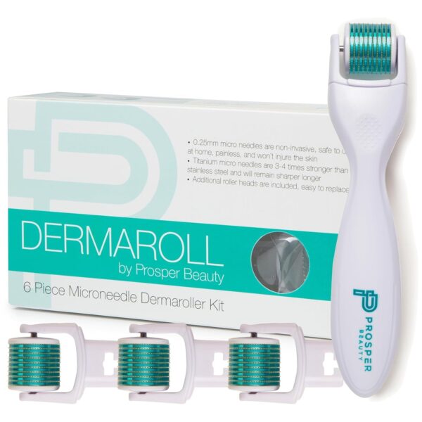 Derma Roller Microneedle 6 Piece Kit [DERMAROLL by Prosper Beauty] Face Roller with 4 Replaceable Heads Exfoliation Microdermabrasion Micro Derma Skin Care Tool Dermaplaning Microneedling