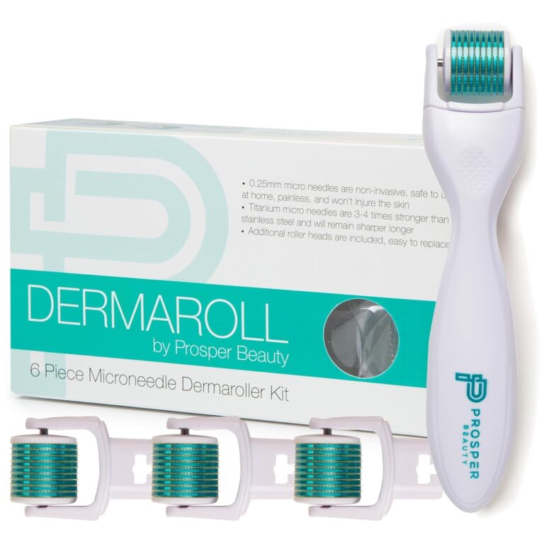 Derma Roller Microneedle 6 Piece Kit [DERMAROLL by Prosper Beauty] Face Roller with 4 Replaceable Heads Exfoliation Microdermabrasion Micro Derma Skin Care Tool Dermaplaning Microneedling