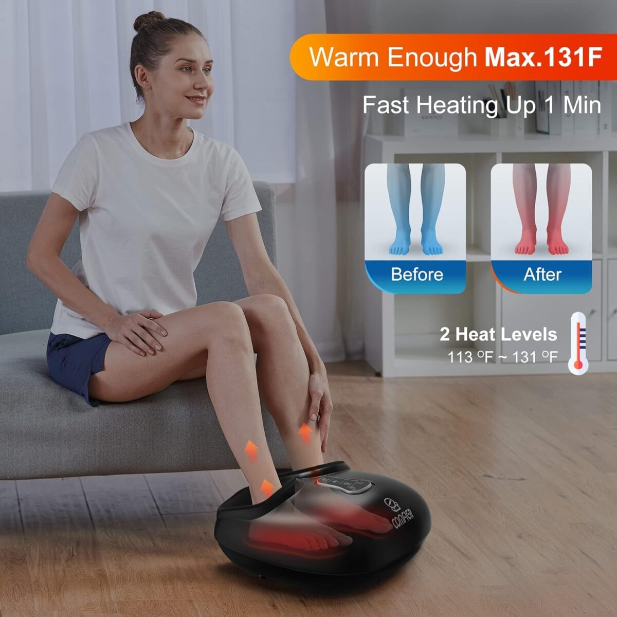 COMFIER Shiatsu Foot Massager with Heat, Vibration,Rolling Compression Feet Massager Machine for Plantar Fasciitis,Neuropathy Pain,Gifts for Her,Him Fits Size up to 13“ Multiple Modes