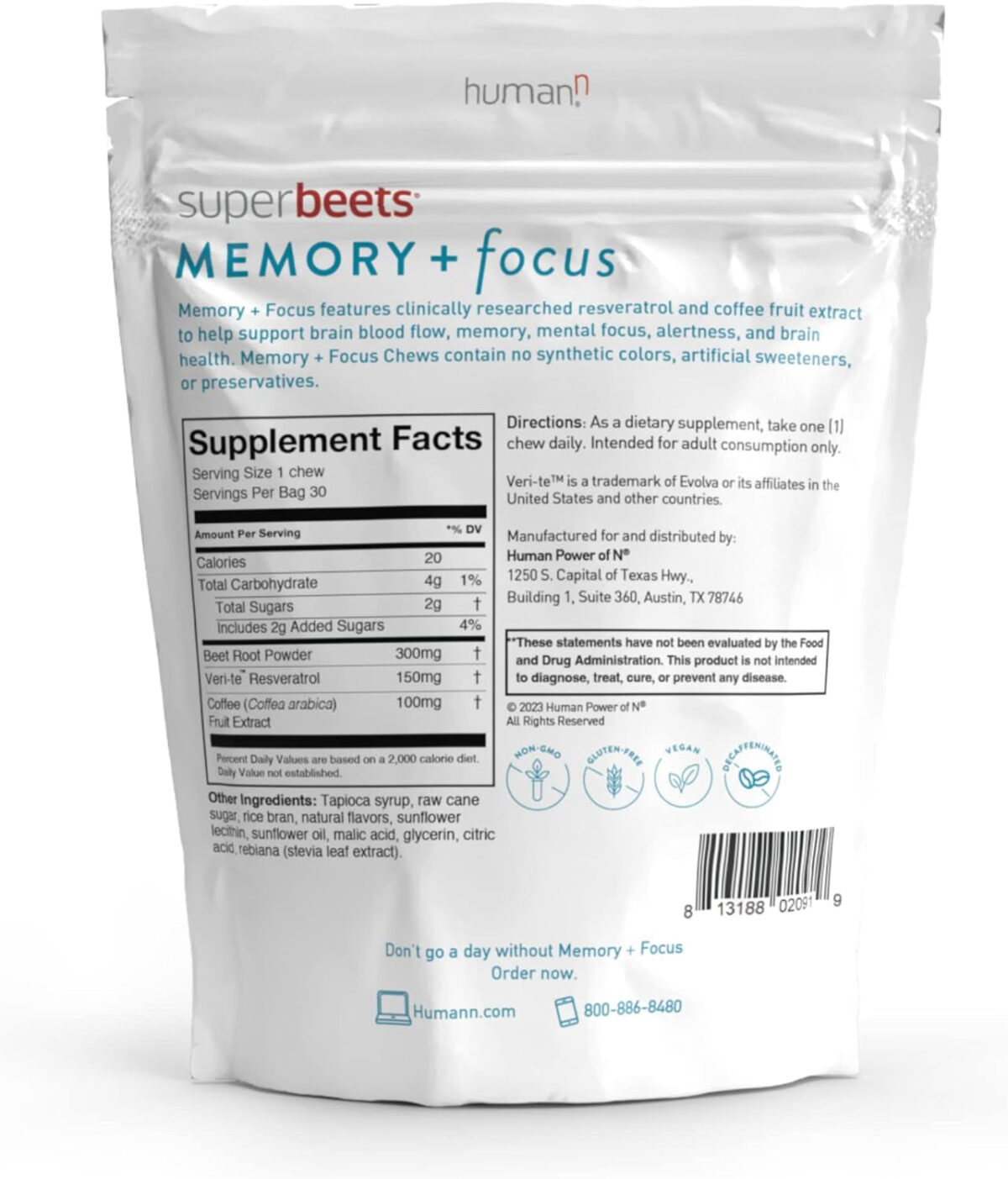 Humann Superbeets Memory & Focus Brain Supplement Chews – Mental Alertness – Clinically Studied Nootropics, Resveratrol plus Beet Root Powder, Blueberry Pomegranate Flavor, 30 Count